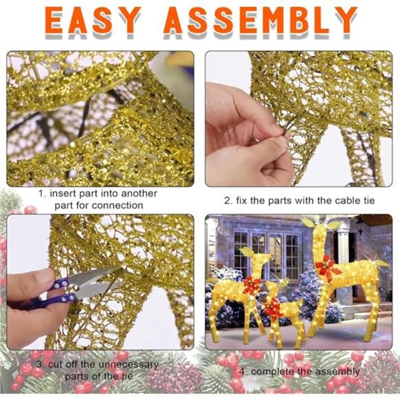 Set of 3 Pre-lit Golden Reindeer with 210 LEDs Warm White Lights - Picture 3 of 7